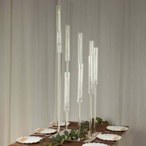 9-Arm Acrylic Cluster Taper Candelabra with Square Base 4ft Clear - Stylish Candle Holder Table Centerpiece for Pillar Candles & Events